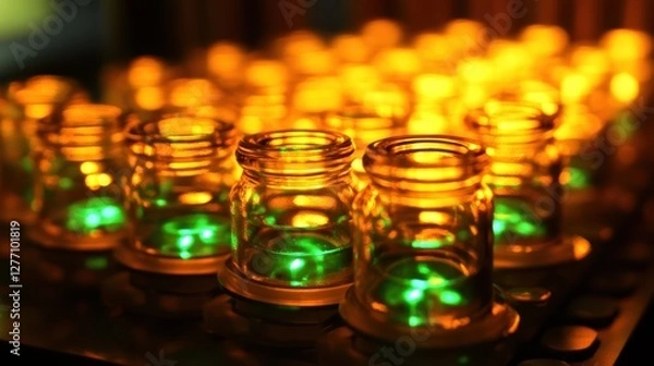 Fototapeta A collection of small glass jars illuminated by soft green lights, creating a serene and enchanting atmosphere.