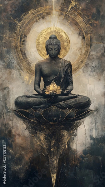 Fototapeta A Buddha with a lotus flower, sitting cross-legged and floating in the air
