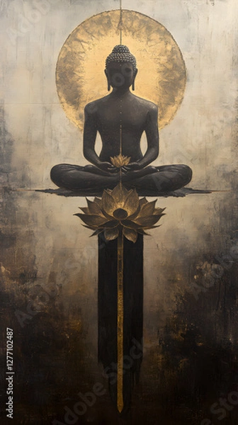 Fototapeta A Buddha with a lotus flower, sitting cross-legged and floating in the air
