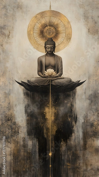 Fototapeta A Buddha with a lotus flower, sitting cross-legged and floating in the air
