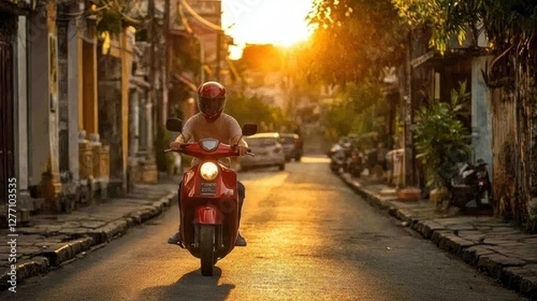 Fototapeta A man with a beard rides a red scooter along a street, illuminated by the warm hues of sunset, capturing a moment of freedom and adventure.