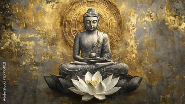 Fototapeta A Buddha with a lotus flower, sitting cross-legged and floating in the air
