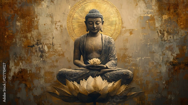 Fototapeta A Buddha with a lotus flower, sitting cross-legged and floating in the air
