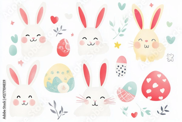 Fototapeta A stylish, illustrated Easter Bunny sticker pack featuring different playful expressions and festive accessories.