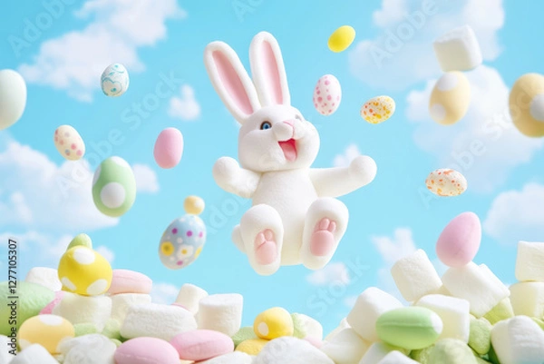 Obraz A playful Easter Bunny bouncing on a trampoline made of giant, fluffy marshmallows, sending colorful Easter eggs flying into the air.