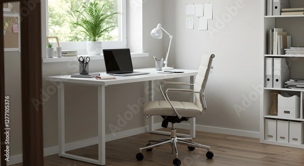 Obraz Modern home office setup with white desk, laptop, and ergonomic chair. Minimalist workspace design for remote work, freelancing, or studying. Interior with natural light.