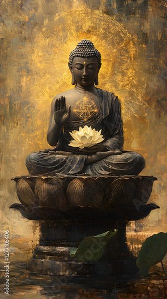 Fototapeta A Buddha with a lotus flower, sitting cross-legged and floating in the air

