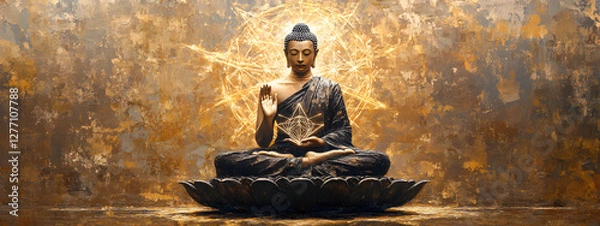 Fototapeta A Buddha with a lotus flower, sitting cross-legged and floating in the air
