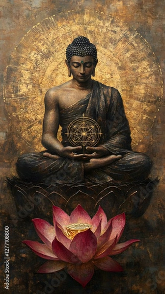 Fototapeta A Buddha with a lotus flower, sitting cross-legged and floating in the air

