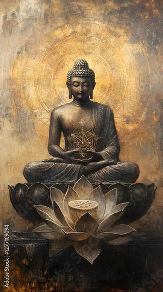 Fototapeta A Buddha with a lotus flower, sitting cross-legged and floating in the air
