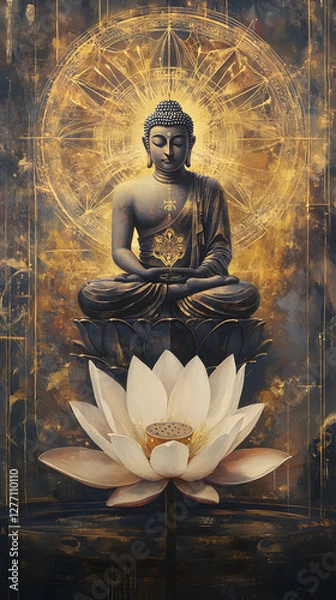 Fototapeta A Buddha with a lotus flower, sitting cross-legged and floating in the air
