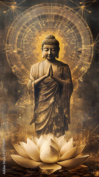 Fototapeta A Buddha with a lotus flower, sitting cross-legged and floating in the air
