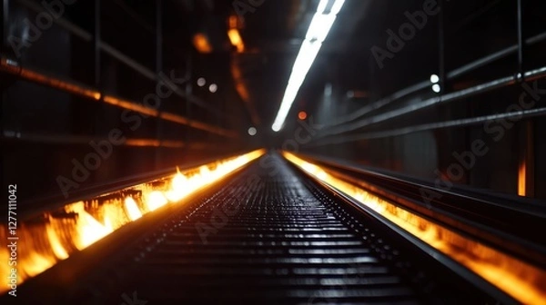 Fototapeta A train track is engulfed in flames, creating a dramatic scene of fire and destruction, highlighting the dangers associated with railways.
