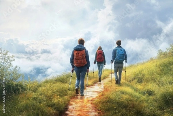 Obraz Three hikers walking along a grassy trail under a cloudy sky in nature