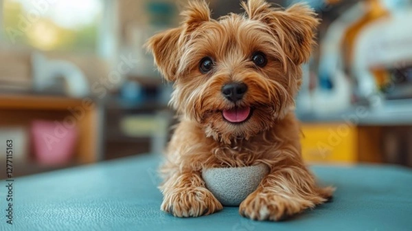 Fototapeta A playful small dog with a golden coat sits on a table looking cheerful. Its tongue is out, suggesting a happy demeanor, and the background is softly blurred.