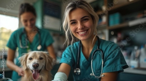 Fototapeta A cheerful female veterinarian of European descent poses for a photo with a dog in a clinic, displaying compassion and professionalism.