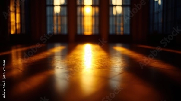 Obraz Sunlight filters through a window, illuminating a wooden floor in a cozy room, creating a warm and inviting atmosphere.