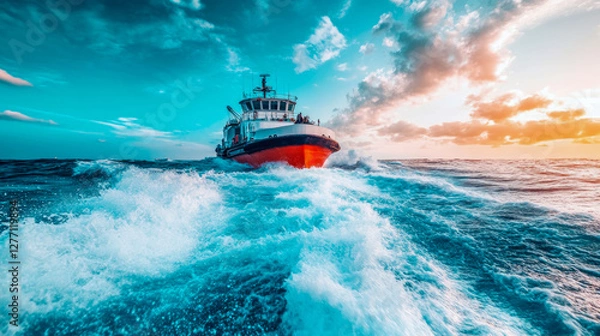 Fototapeta Coast Guard Vessel Braving Ocean Waves at Sunset