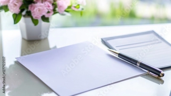 Fototapeta Resignation letter on a desk with a pen and planner. Featuring career reflection and transition