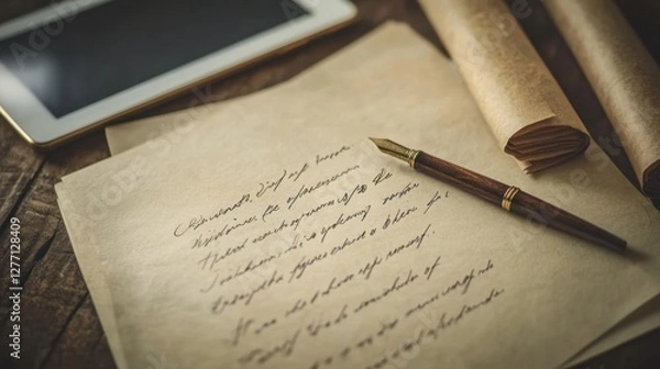 Fototapeta Resignation letter on a desk with a pen and tablet. Featuring job reflection and career change clarity