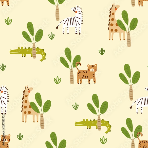 Obraz African animals: baby zebra, tiger, leopard, alligator, giraffe on a neutral beige background with palm trees and grass. Kids wallpapers seamless pattern design.