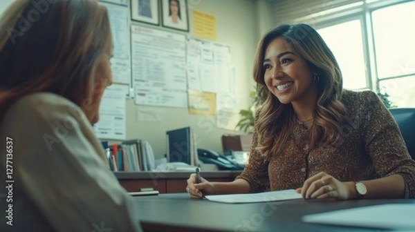 Fototapeta A social worker engages with a client in a supportive conversation. The office is bright and organized, fostering a welcoming environment for discussions