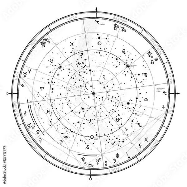 Fototapeta Astrological Celestial map of Northern Hemisphere. Horoscope on January 1, 2017 (00:00 GMT). Detailed chart with symbols and signs of Zodiac, planets, asteroids & etc.