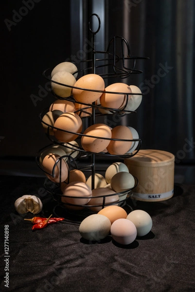 Obraz Chicken eggs in dark kitchen