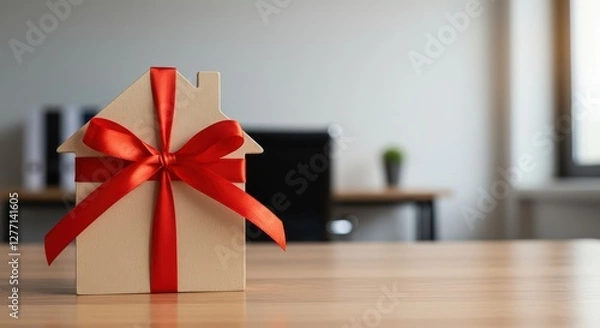 Fototapeta A small house with a red bow symbolizing giving and the dream of ownership