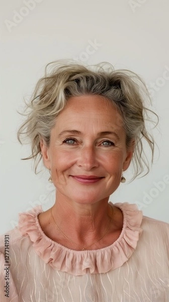 Fototapeta A vibrant expression in a studio showcases a White woman's charm and joy, with soft lighting accentuating her features