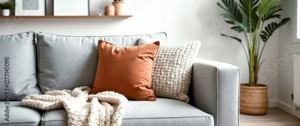 Fototapeta grey sofa with burnt cushion and cream knitted throw