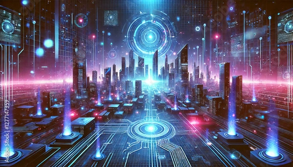 Obraz サイバーシティの未来 – 高度に発展したテクノロジー都市