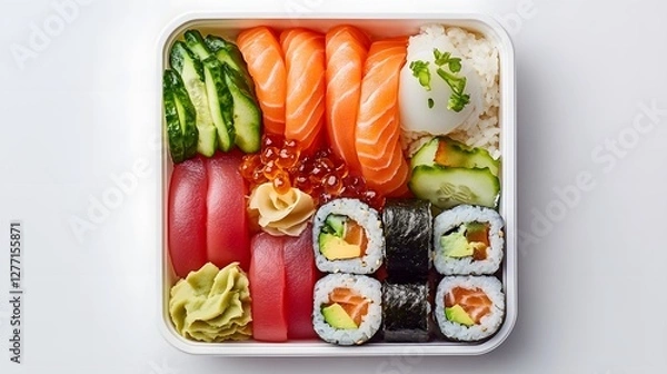 Fototapeta Elegant Commercial Shot of a Colorful Bento Box with Sushi Rolls and Pickled Vegetables