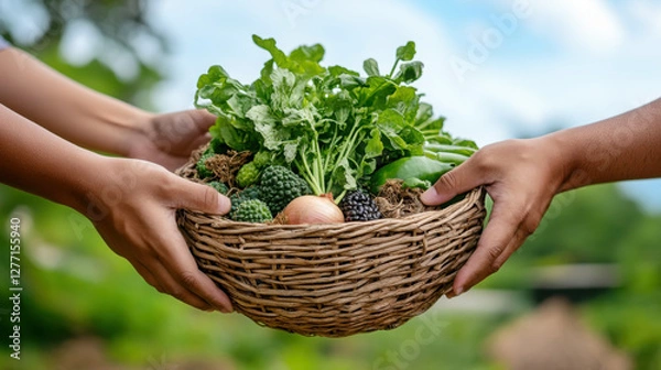 Fototapeta Sharing fresh harvest: hands passing a basket of vegetables in nature