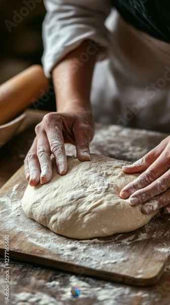 Obraz Close-up of hands kneading dough on floured surface in rustic kitchen