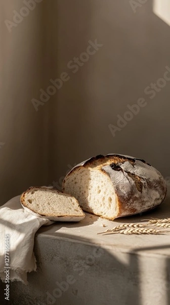 Obraz Rustic artisan sourdough bread with sunlit slice on textured surface