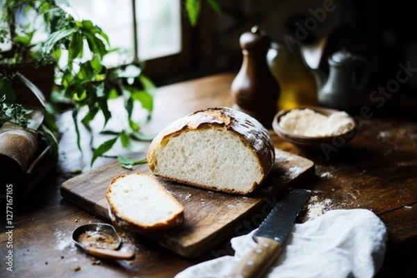 Obraz Freshly baked artisan bread on rustic wooden table