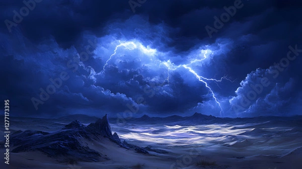Fototapeta A dark stormy sky with lightning over the desert dunes
