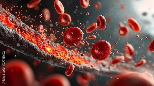 Fototapeta Close up Detailed View of Oxygenated Red Blood Cells Transporting Oxygen Molecules Through the Circulatory System  Conceptual of the Vital Blood Circulation Process
