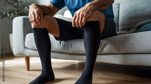Fototapeta Man Sitting on Couch Wearing Compression Socks for Circulation and Recovery