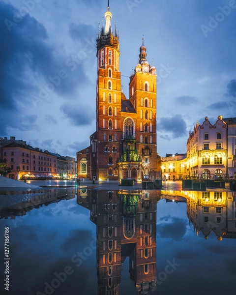 Fototapeta Cracow, Poland - St. Mary's Basilica on the Cracow Main Square at dusk. Beautiful Krakow old town, famous tourist attraction and travel destination	
