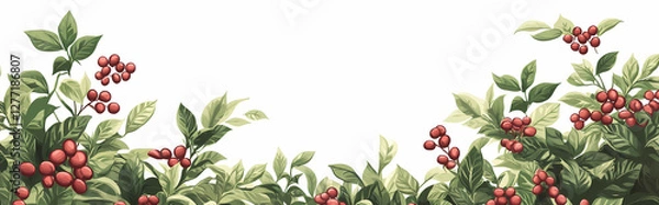 Fototapeta Decorative Floral Border: A charming illustration of a botanical border adorned with lush green foliage and vibrant red berries, creating a perfect decorative element.