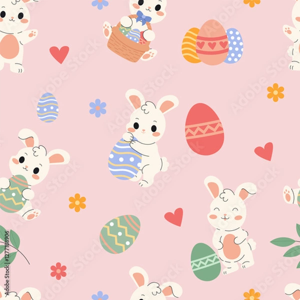 Obraz Seamless pattern featuring adorable Easter bunnies, decorated eggs, hearts, and flowers in a pastel color palette, perfect for festive wrapping paper, textiles, and holiday decorations.