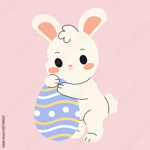 Obraz Flat style illustration of a cute Easter bunny holding a decorated egg, ideal for festive designs, greeting cards, and spring-themed projects.