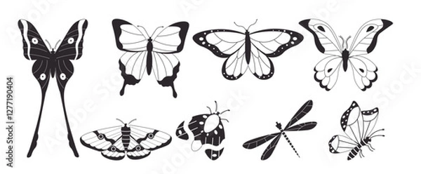 Obraz Black and white flat style illustration of various butterflies, moths, and insects with intricate wing patterns, perfect for decorative, nature-inspired, and tattoo design projects.