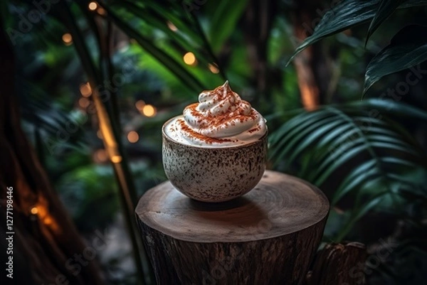 Fototapeta Whipped Cream Topped Dessert in Natural Setting with Greenery