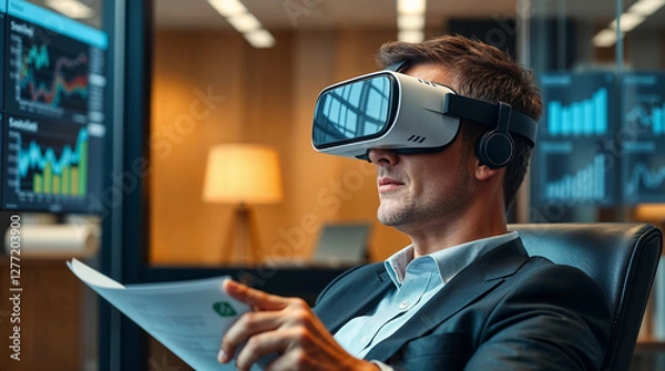 Fototapeta Businessman sit on chair using vr glasses to view educational material and financial documents, graphs and tables online, financier inside office at workplace