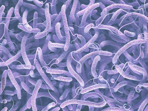 Fototapeta Bacteria Vibrio Cholerae, Gram-negative. 3D illustration of bacteria with flagella.