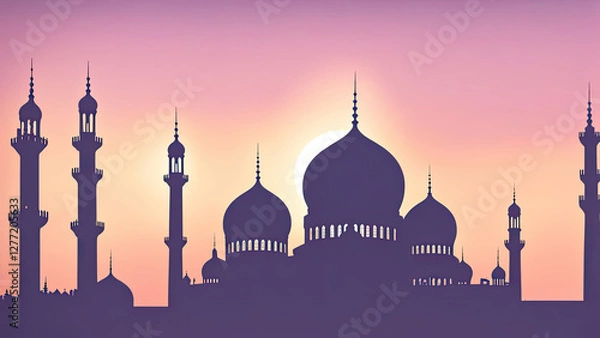 Fototapeta A stunning mosque silhouette at sunrise, bathed in soft hues of gold and pink. The intricate minarets and domes reflect Islamic architecture, evoking a serene and spiritual ambiance.
