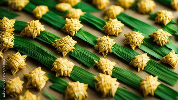 Fototapeta A close-up of beautifully woven ketupat, traditional Indonesian rice cakes wrapped in intricate palm leaves. The golden-yellow and green hues create a festive and cultural aesthetic.